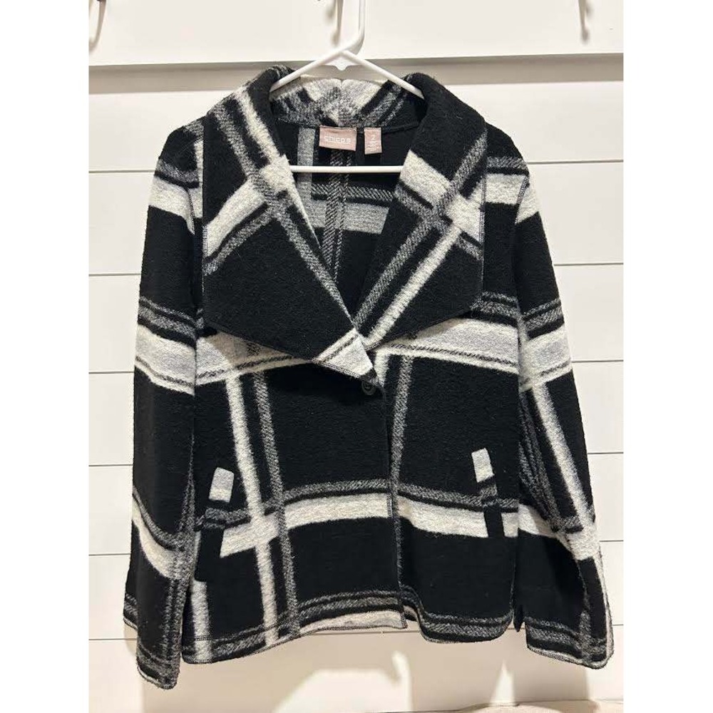 Chicos Black White Plaid Wool Blend Knit Jacket Wide Collar Size 2 L